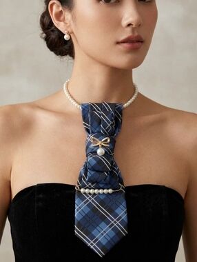 Pearl Accent Blue Plaid Ribbon Necklace